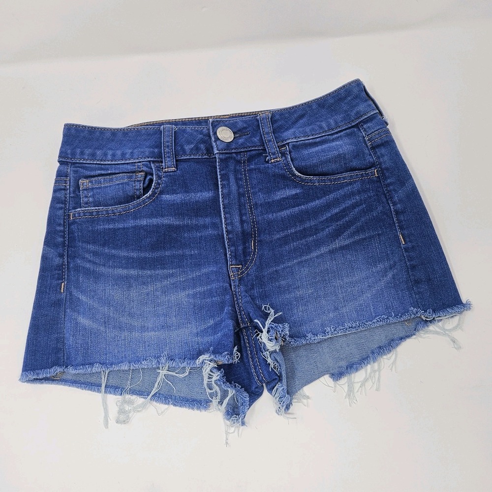 American Eagle Super Stretch Denim Shorts Women's 4 Blue Distressed Cutoff